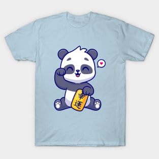 Cute Lucky Panda Holding Gold Coin Cartoon T-Shirt